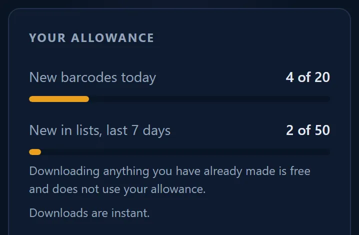 Your allowance on the account page: New barcodes today 4 of 20, New in lists, last 7 days 2 of 50, and the note Downloading anything you have already made is free and does not use your allowance