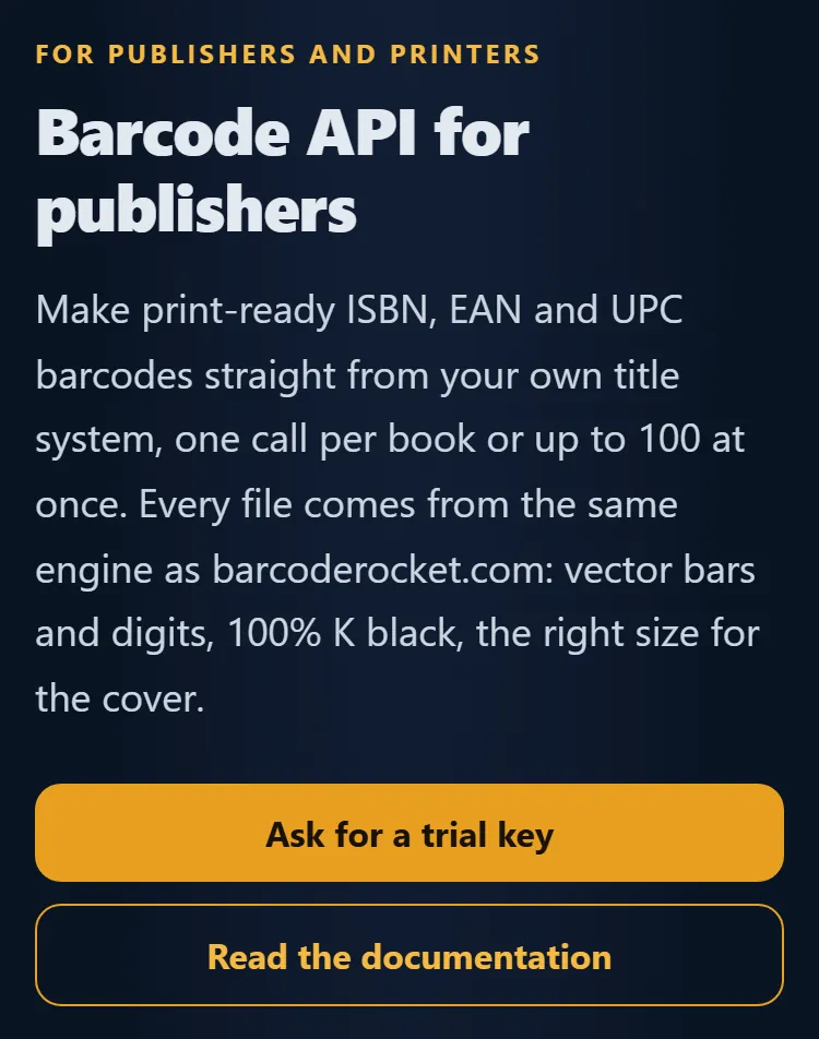 The top of the API page: Barcode API for publishers, with the buttons Ask for a trial key and Read the documentation