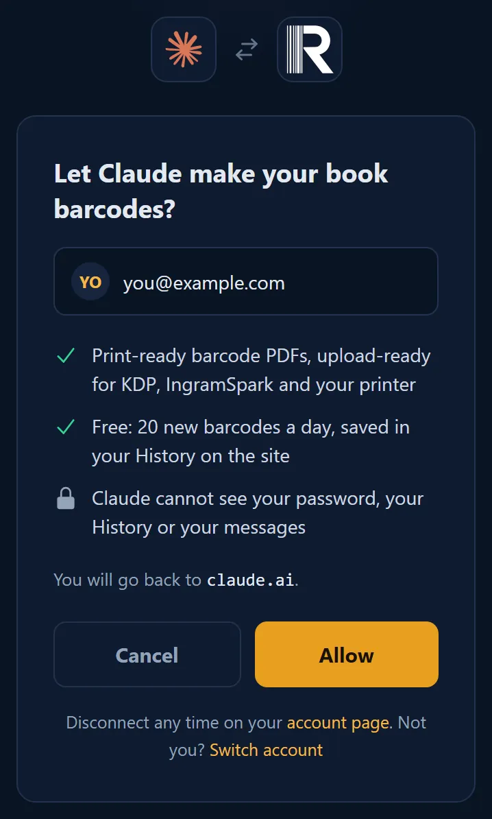 The Barcode Rocket page Let Claude make your book barcodes? with the signed-in email you@example.com, what Claude can and cannot do, and the buttons Cancel and Allow