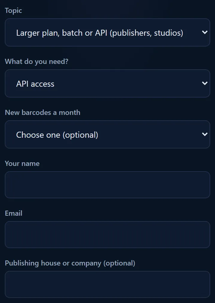 The contact form with the topic Larger plan, batch or API and API access chosen under What do you need?