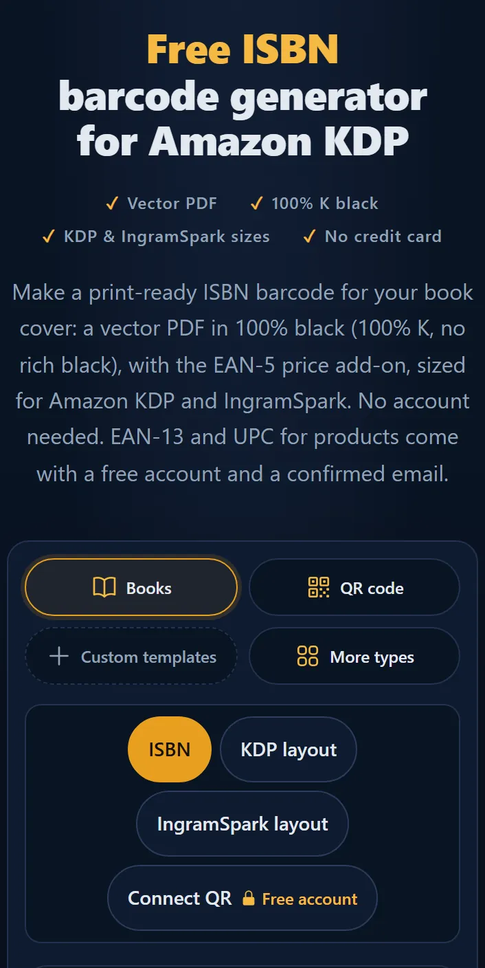 The home page on a phone: the title Free ISBN barcode generator, and under it the studio with the groups Books, QR code, Custom templates and More types and the book types ISBN, KDP layout, IngramSpark layout and Connect QR