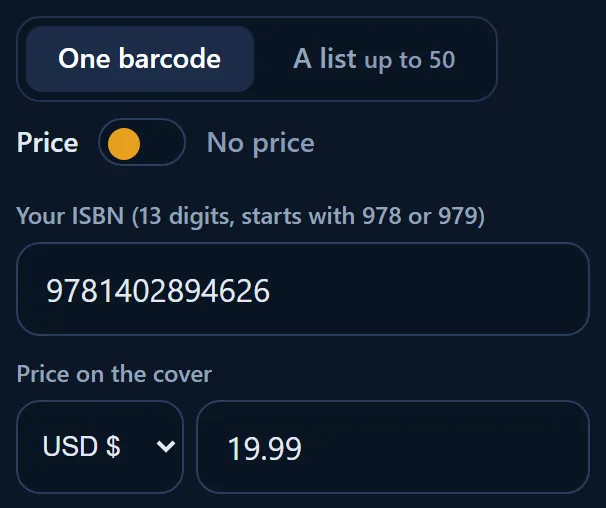The ISBN fields: One barcode or A list up to 50, the Price and No price switch on Price, the ISBN 9781402894626 and the price USD 19.99