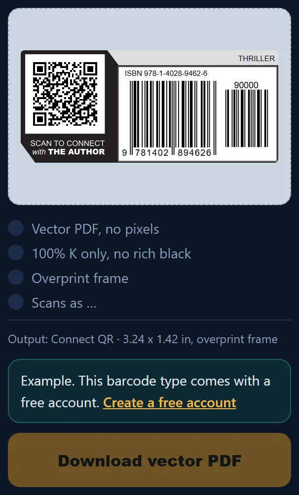 Connect QR on the example picture, the message Example. This barcode type comes with a free account, with a Create a free account link, and the gray Download vector PDF button