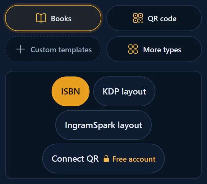 The groups Books, QR code, Custom templates and More types, with Books open and the type ISBN selected. Connect QR shows a lock and Free account