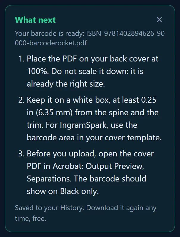 The What next box after a download: the file name and three steps about placing the PDF at 100%, the white box and the separations